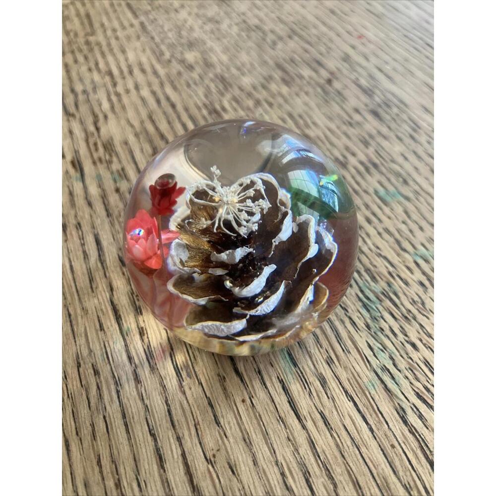 Vintage MCM Acrylic Lucite Round Dome Paperweight Pinecone floral and Moss